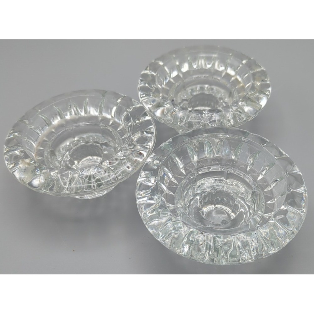 Vintage KIG Malaysia Pressed Glass Taper Candle Holders Set of 3 Scalloped 3.5"‎